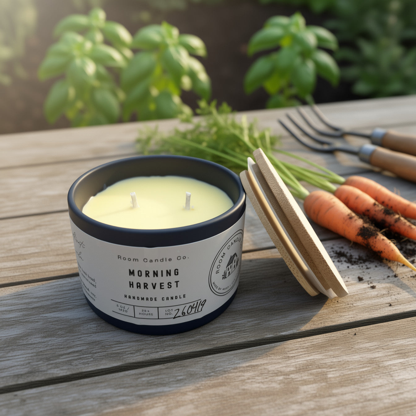 Room Candle Co morning harvest candle in garden